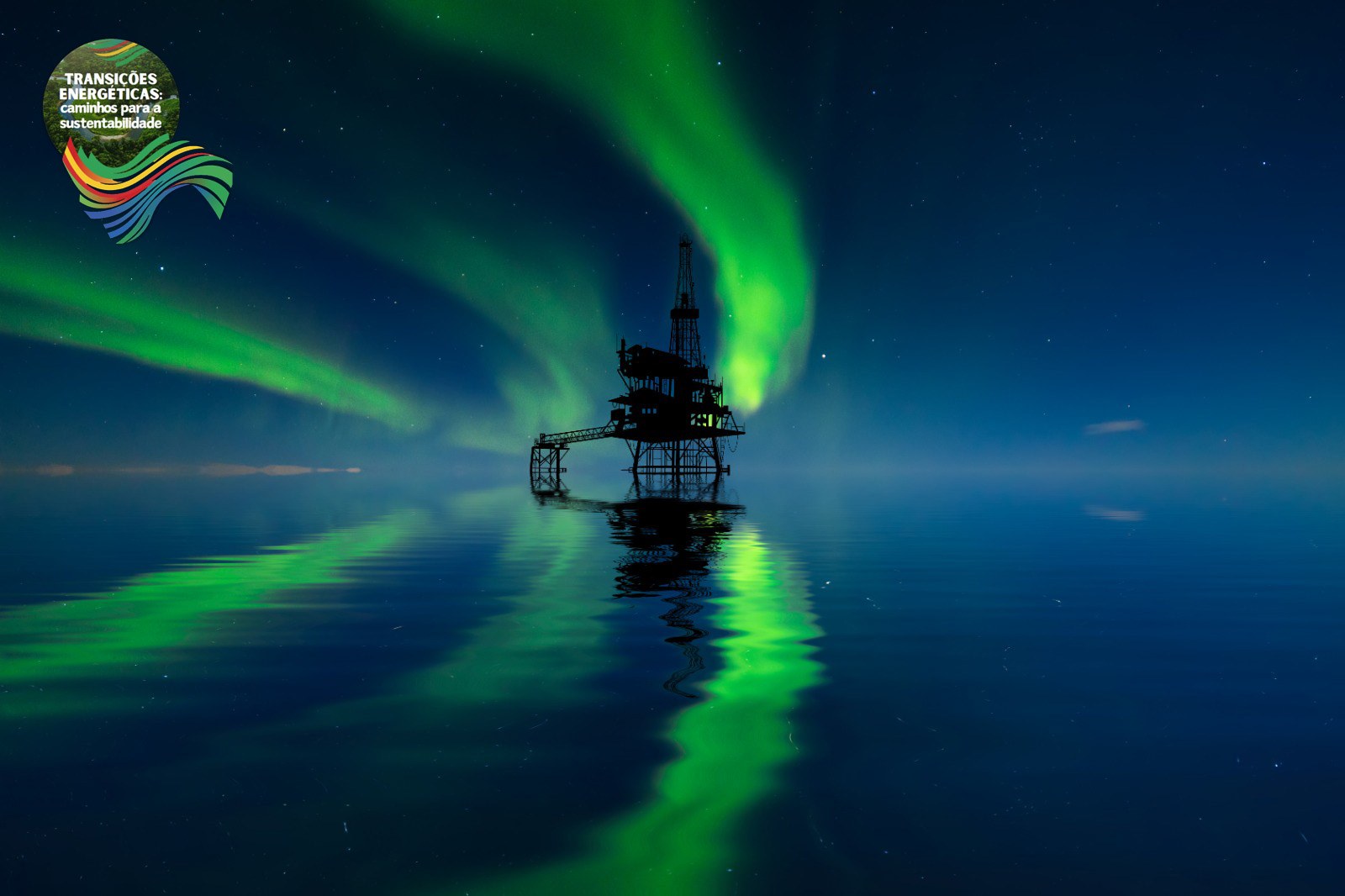 Plataforma petrolífera en Noruega, al fondo, la aurora boreal. Crédito: Getty images.
